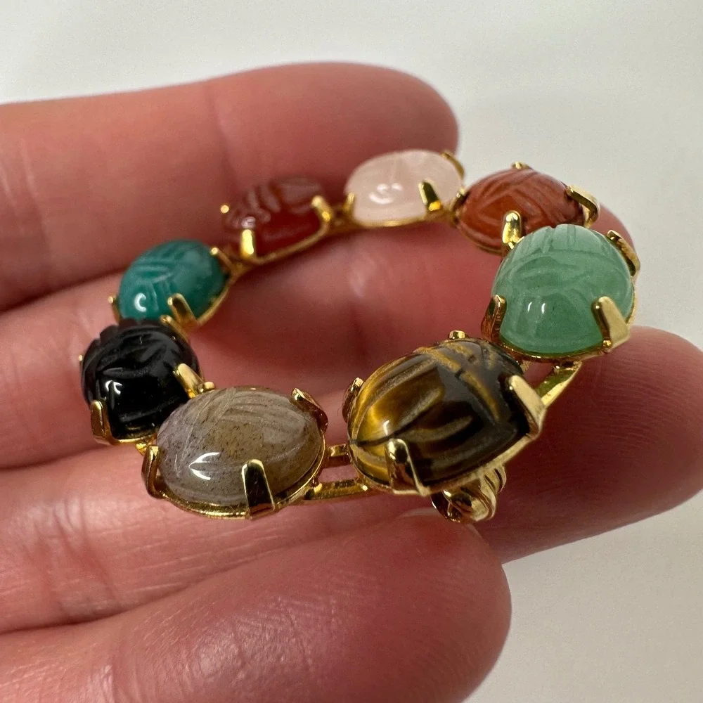 Vintage Gold Tone Multi Color Scarab Wreath Brooch Pin Egyptian Revival Costume